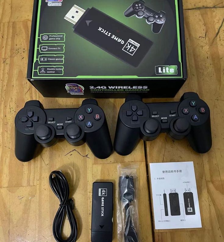 Controle wireless em destaque sobre a caixa do Game Stick 4K